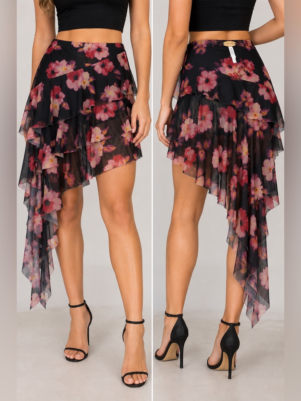 Amber Sky Floral Asymmetrical Ruffle Mesh Skirt Black Pink NWT
